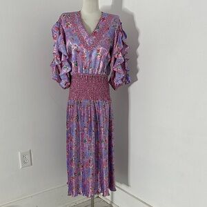 Vintage Susan Freis Floral Plisse Smocked Waist Playful Dress
